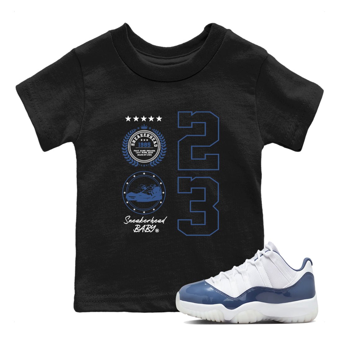 11s Diffused Blue shirts to match jordans Sneaker Emblem sneaker match tees Air Jordan 11 Diffused Blue SNRT Sneaker Release Tees Youth Baby Black 1 crew neck shirts