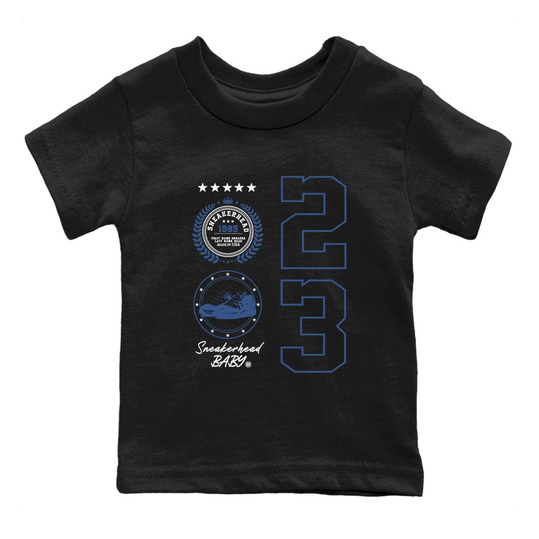 11s Diffused Blue shirts to match jordans Sneaker Emblem sneaker match tees Air Jordan 11 Diffused Blue SNRT Sneaker Release Tees Youth Baby Black 2 crew neck shirts