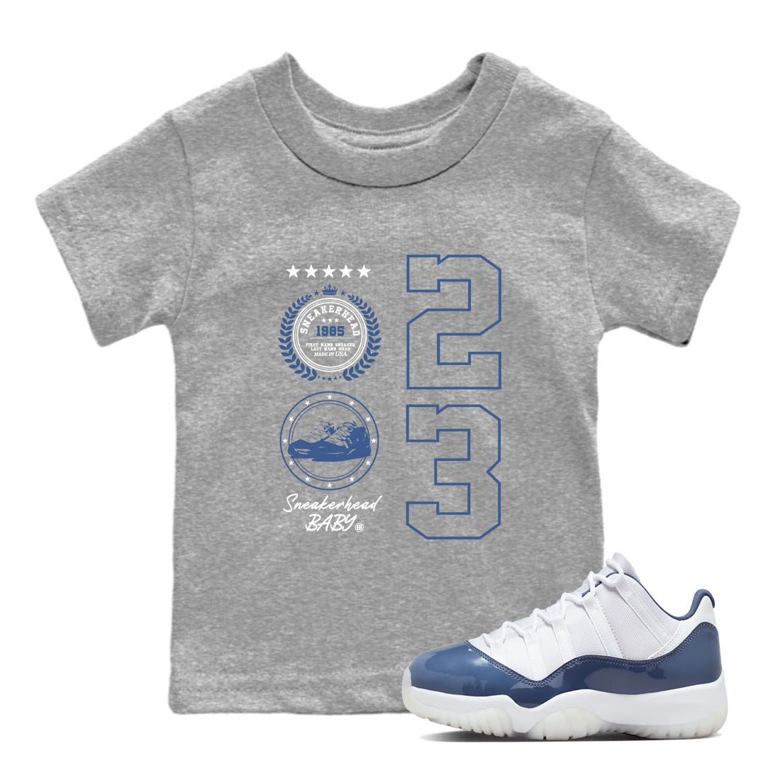 11s Diffused Blue shirts to match jordans Sneaker Emblem sneaker match tees Air Jordan 11 Diffused Blue SNRT Sneaker Release Tees Youth Baby Heather Grey 1 crew neck shirts