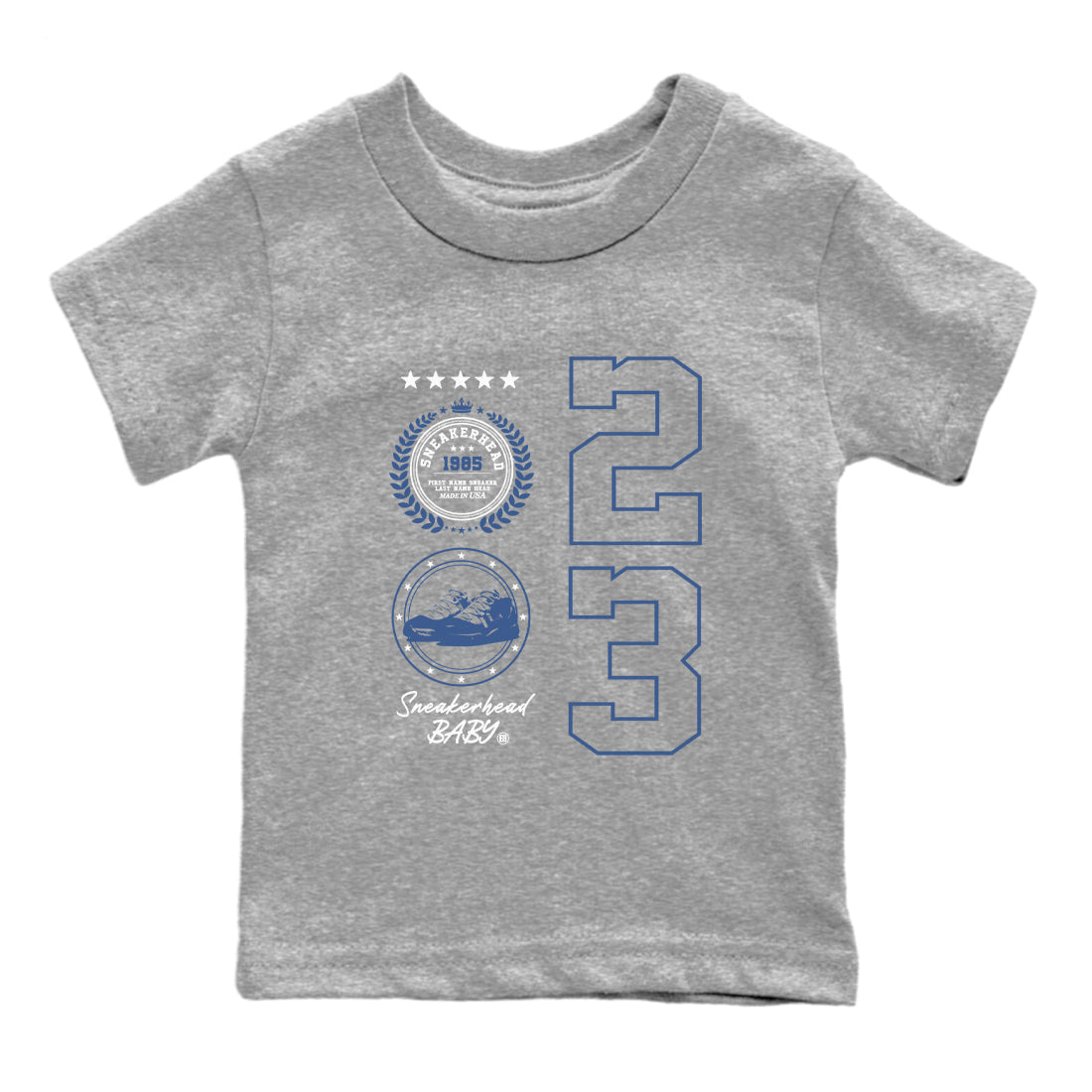 11s Diffused Blue shirts to match jordans Sneaker Emblem sneaker match tees Air Jordan 11 Diffused Blue SNRT Sneaker Release Tees Youth Baby Heather Grey 2 crew neck shirts