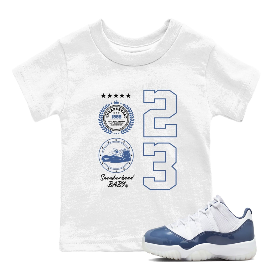 11s Diffused Blue shirts to match jordans Sneaker Emblem sneaker match tees Air Jordan 11 Diffused Blue SNRT Sneaker Release Tees Youth Baby White 1 crew neck shirts