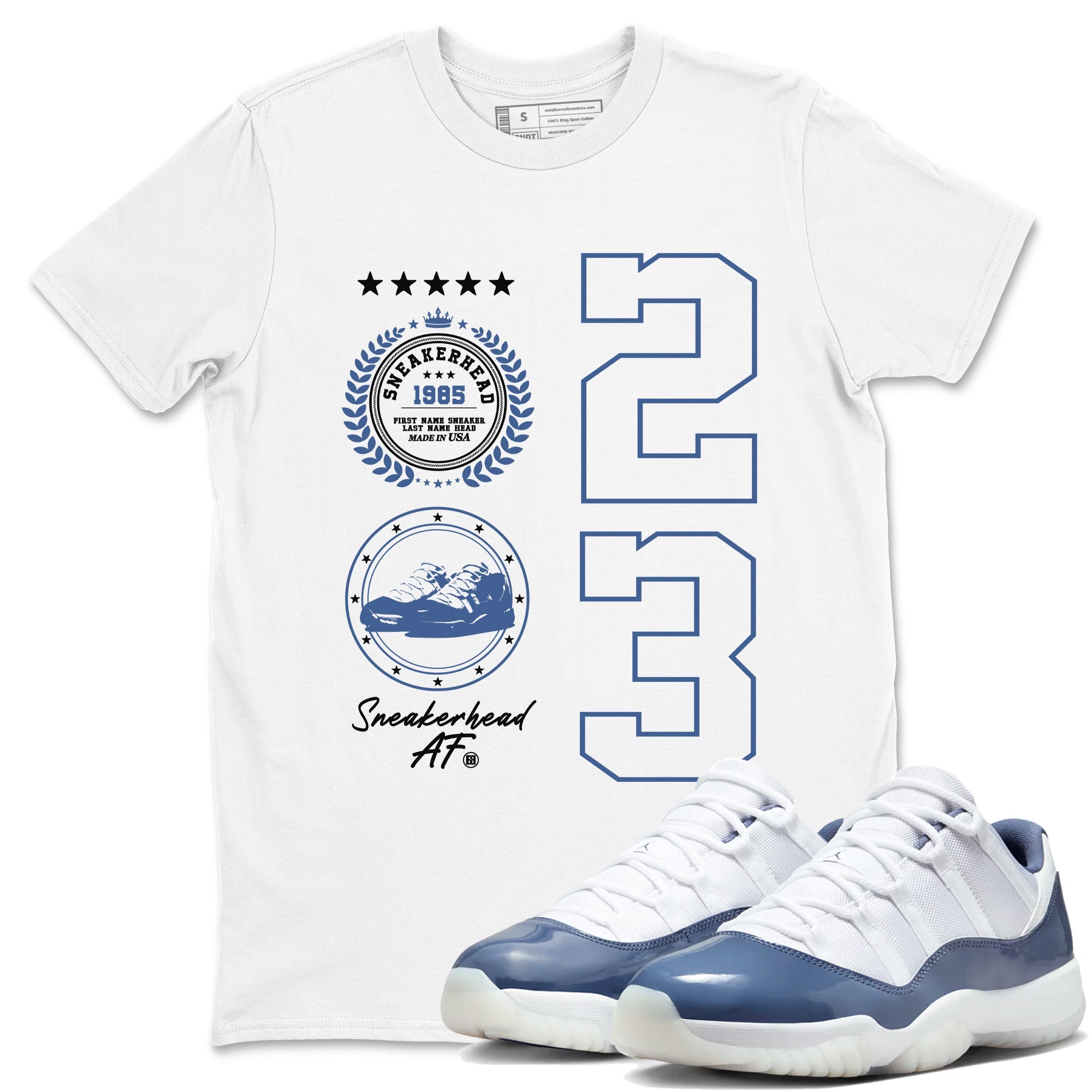 11s Diffused Blue shirts to match jordans Sneaker Emblem sneaker match tees Air Jordan 11 Diffused Blue SNRT Sneaker Release Tees unisex cotton White 1 crew neck shirts