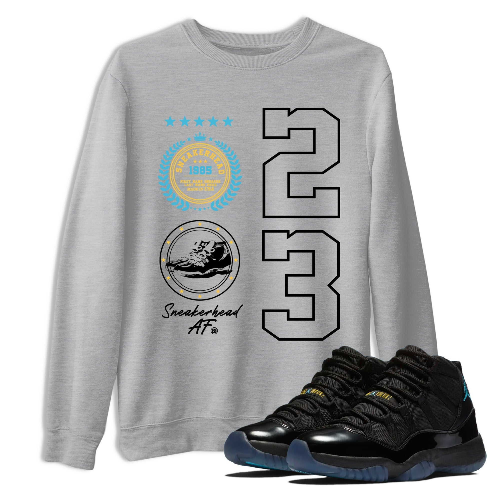 Sneaker Threads – Sneaker Tees To Match Air Jordan 11 Retro Gamma – Sneaker Emblem Graphic Tee Heather Grey 1. Perfect for Jordan releases 2025 colorways.