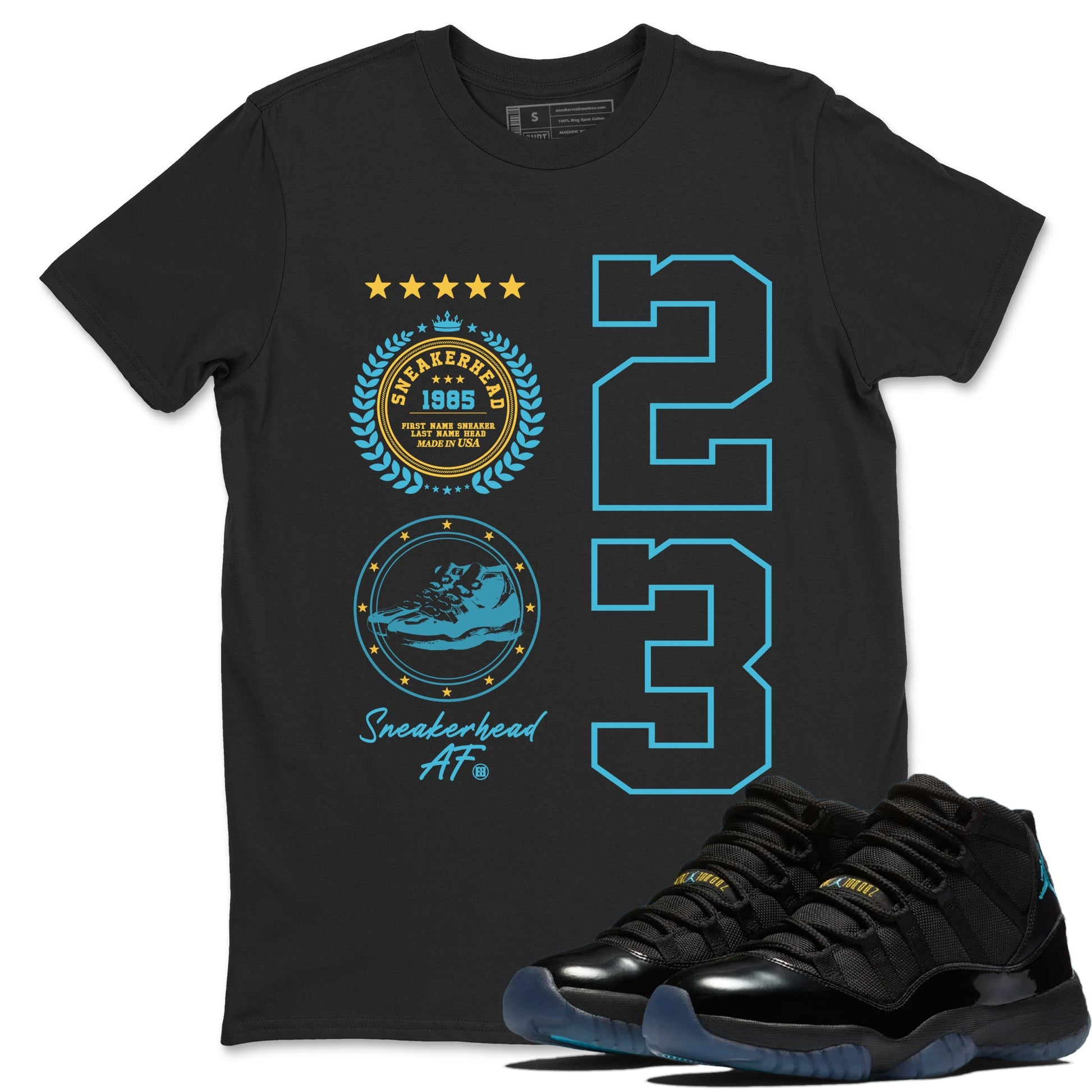 Sneaker Threads – Sneaker Tees To Match Air Jordan 11 Retro Gamma – Sneaker Emblem Graphic Tee Black 1. Perfect for Jordan releases 2025 colorways.