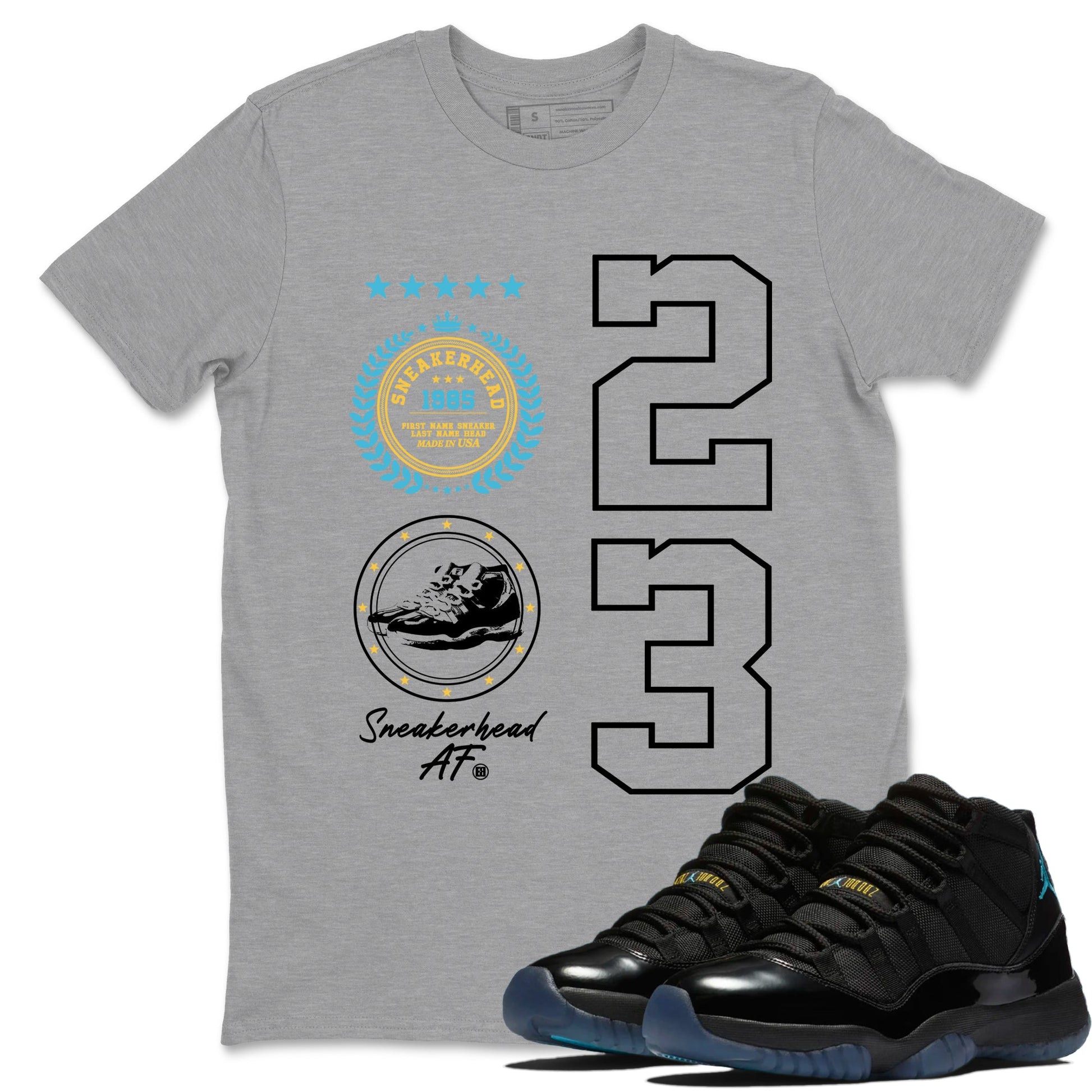 Sneaker Threads – Sneaker Tees To Match Air Jordan 11 Retro Gamma – Sneaker Emblem Graphic Tee Heather Grey 1. Perfect for Jordan releases 2025 colorways.