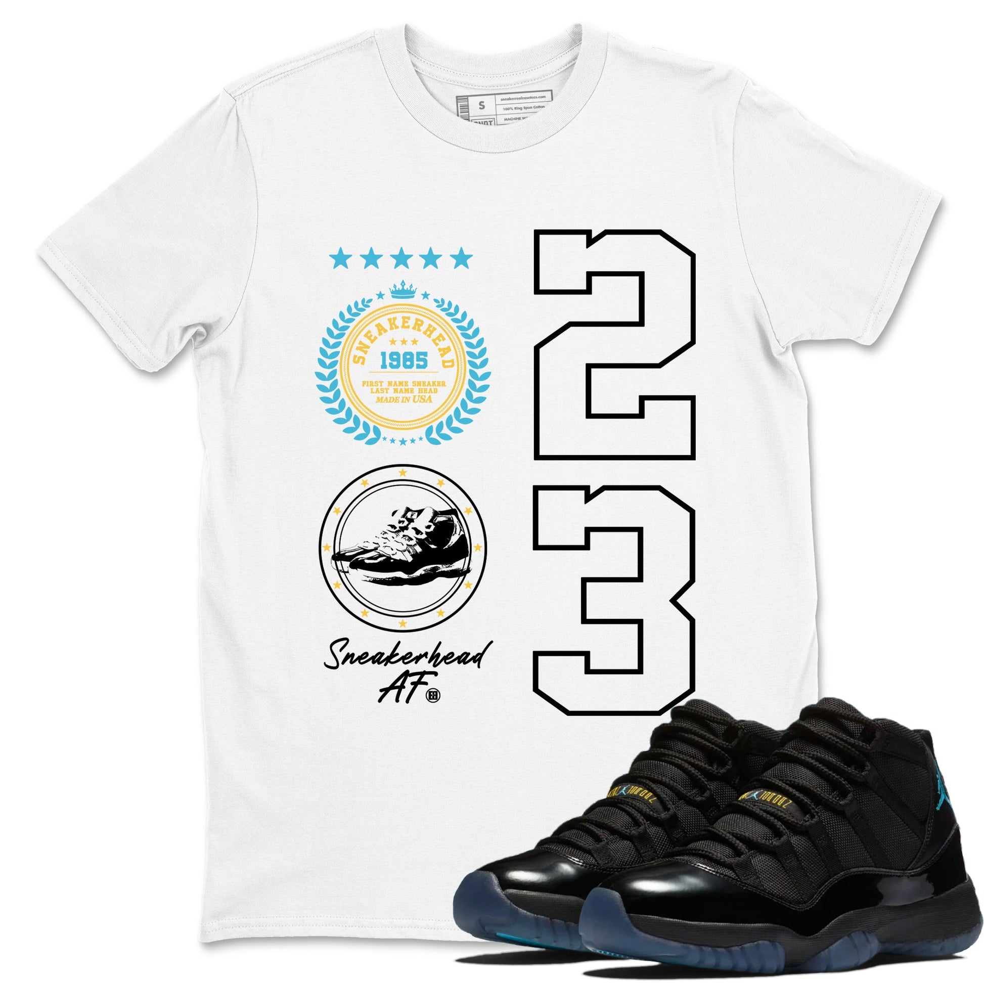 Sneaker Threads – Sneaker Tees To Match Air Jordan 11 Retro Gamma – Sneaker Emblem Graphic Tee White 1. Perfect for Jordan releases 2025 colorways.