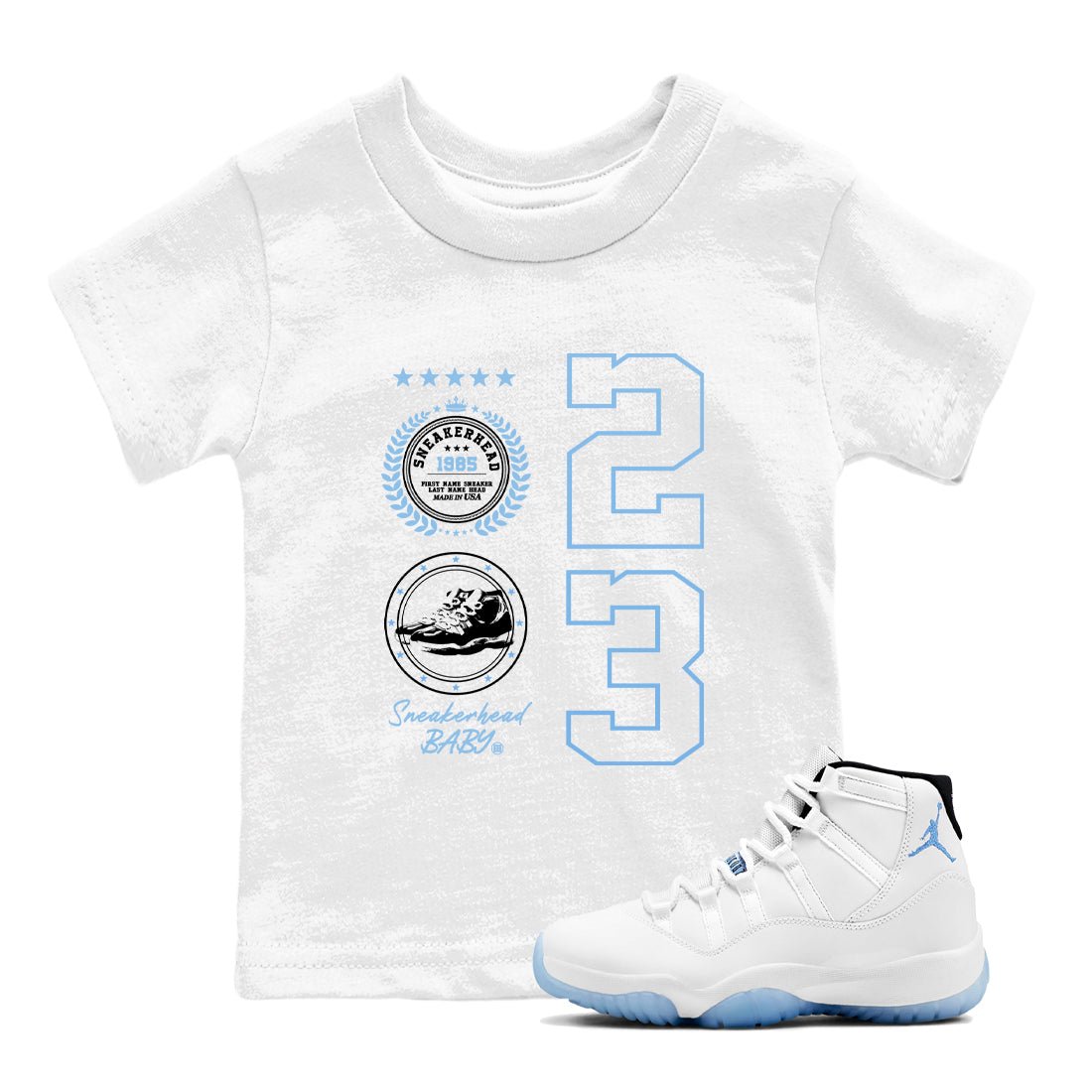 AJ11 Retro Legend Blue shirts to match jordans Sneaker Emblem best t shirts to wear with jordans 11s Legend Blue match shoes to clothes SNRT Sneaker Tees Youth Baby White 1 tee