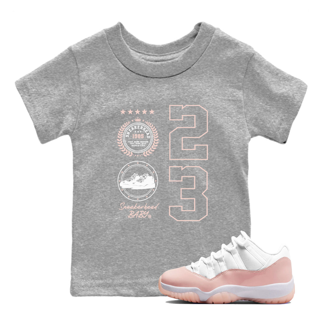 11s Legend Pink shirt to match jordans Sneaker Emblem sneaker tees Air Jordan 11 Legend Pink SNRT sneaker release tees baby toddler Heather Grey 1 cotton Shirt