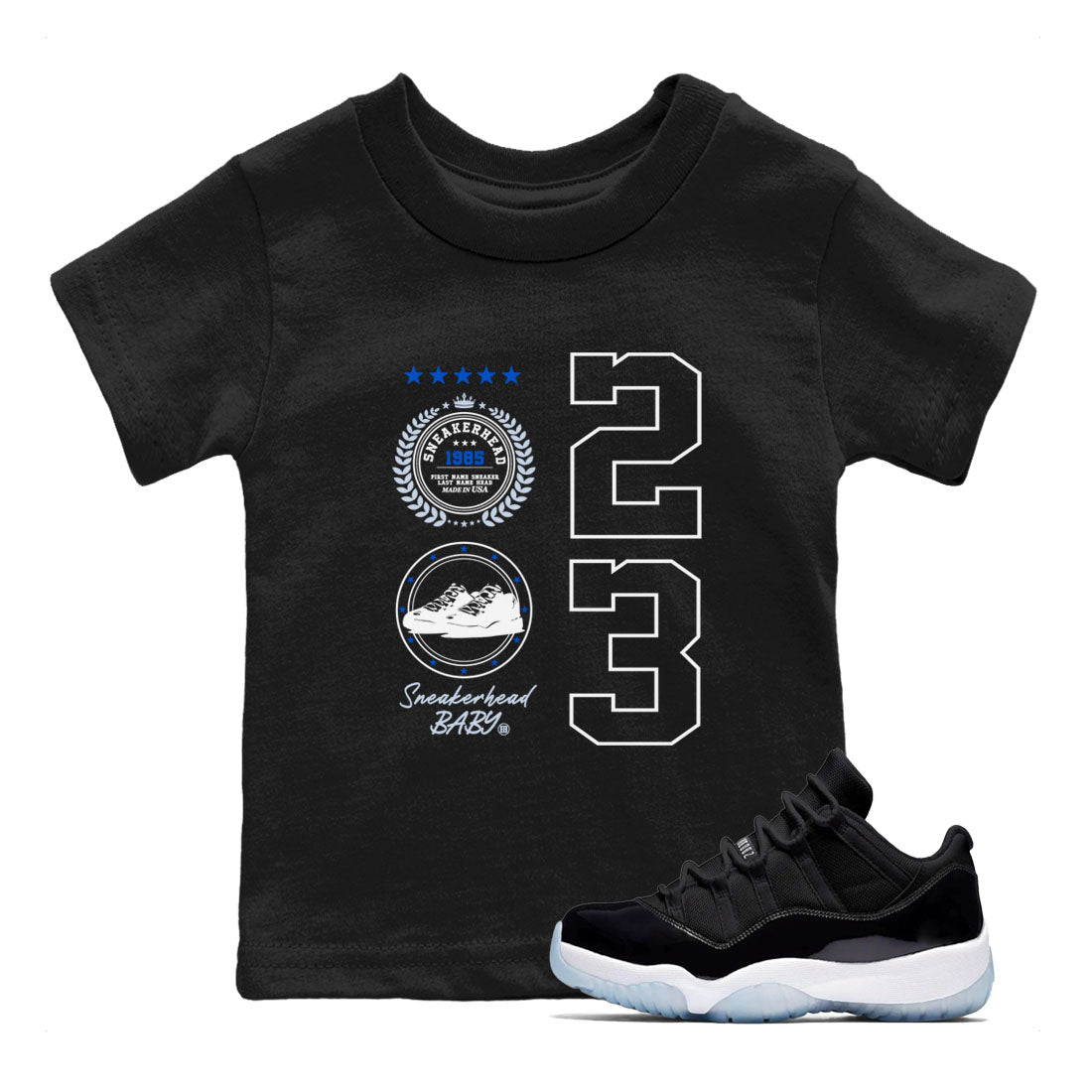 11s Black and Varsity Royal shirt to match jordans Sneaker Emblem sneaker tees Air Jordan 11 Black/Varsity Royal SNRT sneaker release tees baby toddler Black 1 cotton Shirt