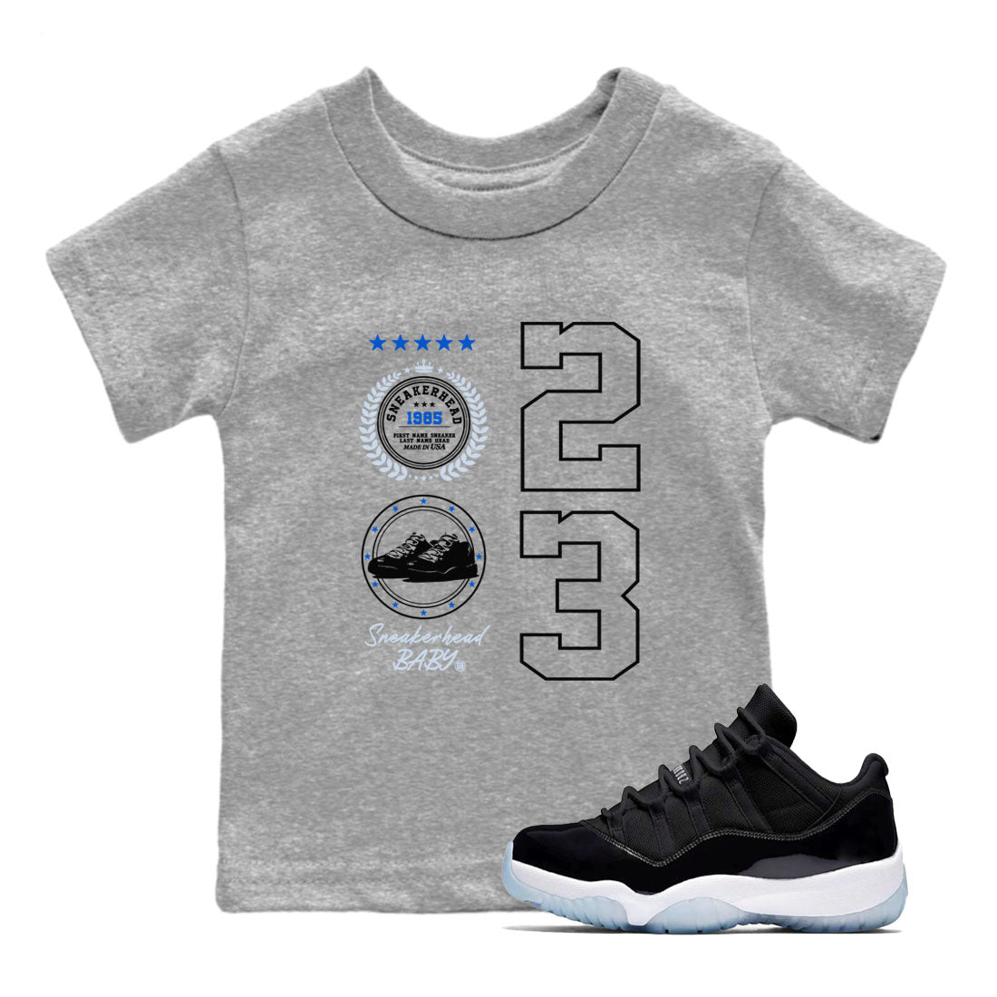 11s Black and Varsity Royal shirt to match jordans Sneaker Emblem sneaker tees Air Jordan 11 Black/Varsity Royal SNRT sneaker release tees baby toddler Heather Grey 1 cotton Shirt