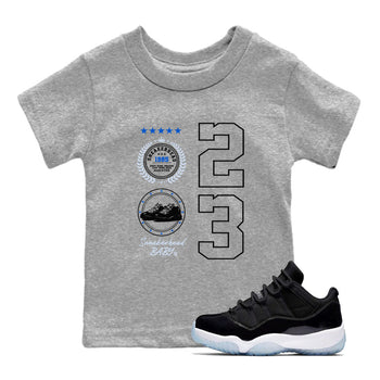 11s Black and Varsity Royal shirt to match jordans Sneaker Emblem sneaker tees Air Jordan 11 Black/Varsity Royal SNRT sneaker release tees baby toddler Heather Grey 1 cotton Shirt