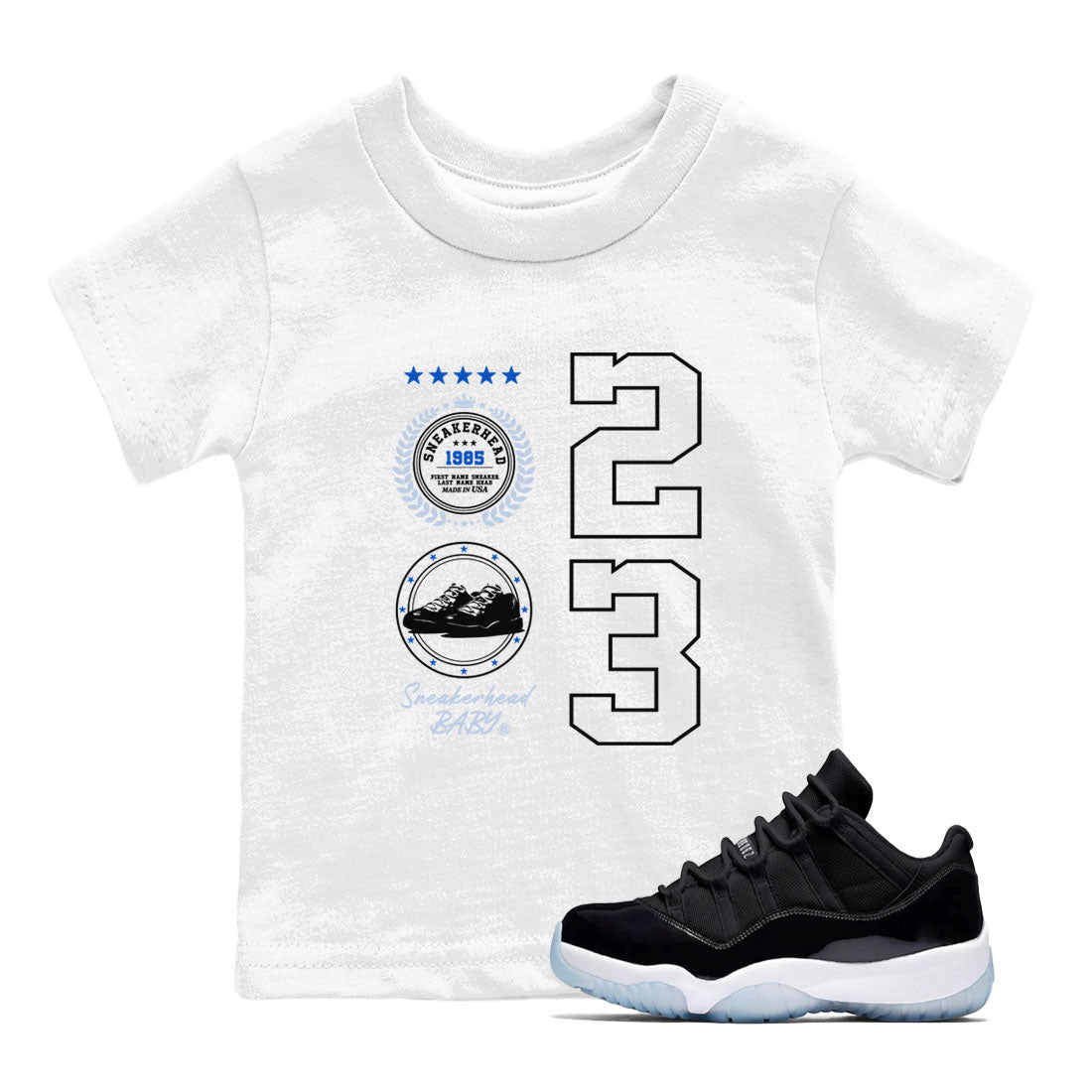 11s Black and Varsity Royal shirt to match jordans Sneaker Emblem sneaker tees Air Jordan 11 Black/Varsity Royal SNRT sneaker release tees baby toddler White 1 cotton Shirt