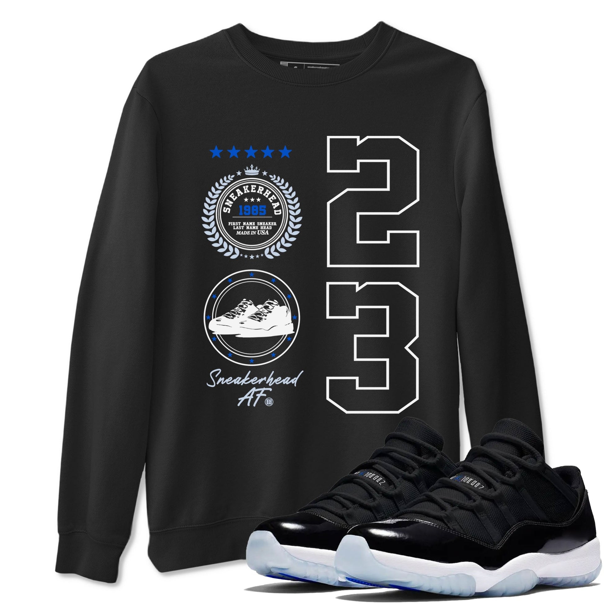 11s Black and Varsity Royal shirt to match jordans Sneaker Emblem sneaker tees Air Jordan 11 Black/Varsity Royal SNRT Sneaker Release Tees unisex cotton Black 1 crew neck shirt
