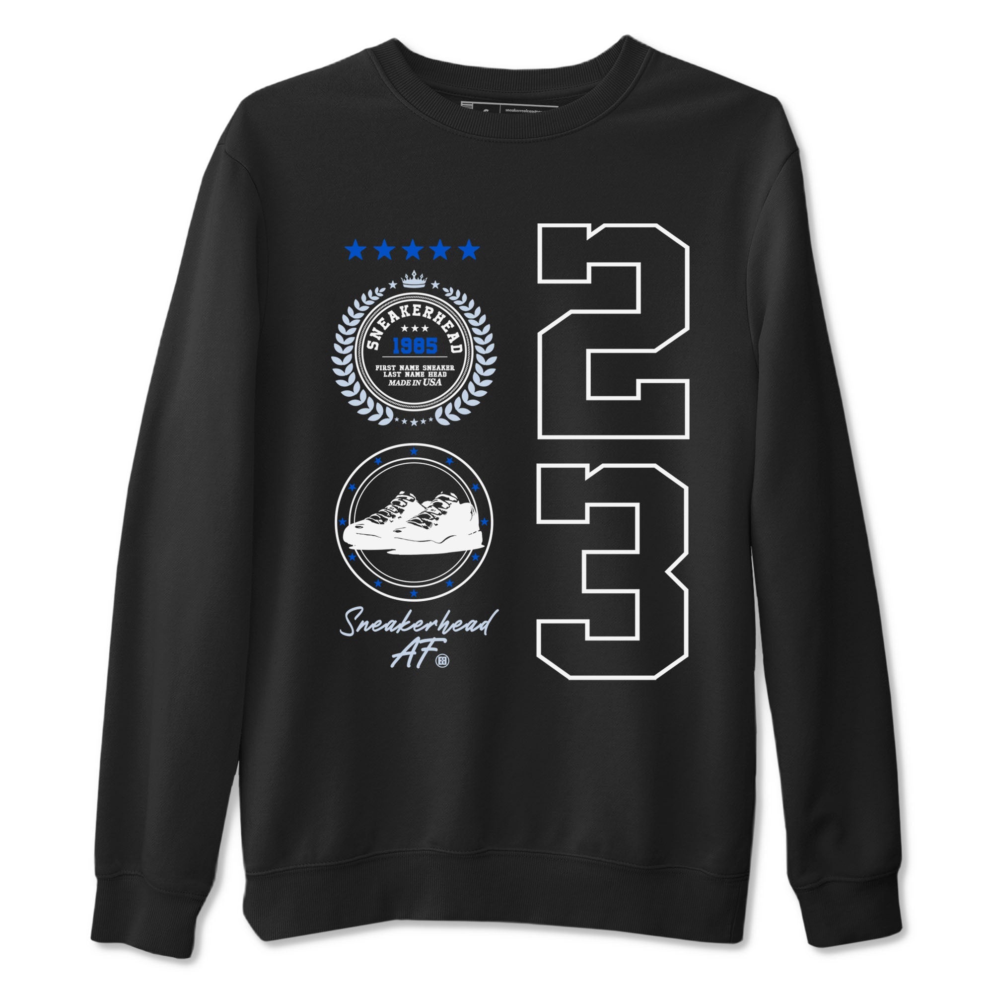 11s Black and Varsity Royal shirt to match jordans Sneaker Emblem sneaker tees Air Jordan 11 Black/Varsity Royal SNRT Sneaker Release Tees unisex cotton Black 2 crew neck shirt