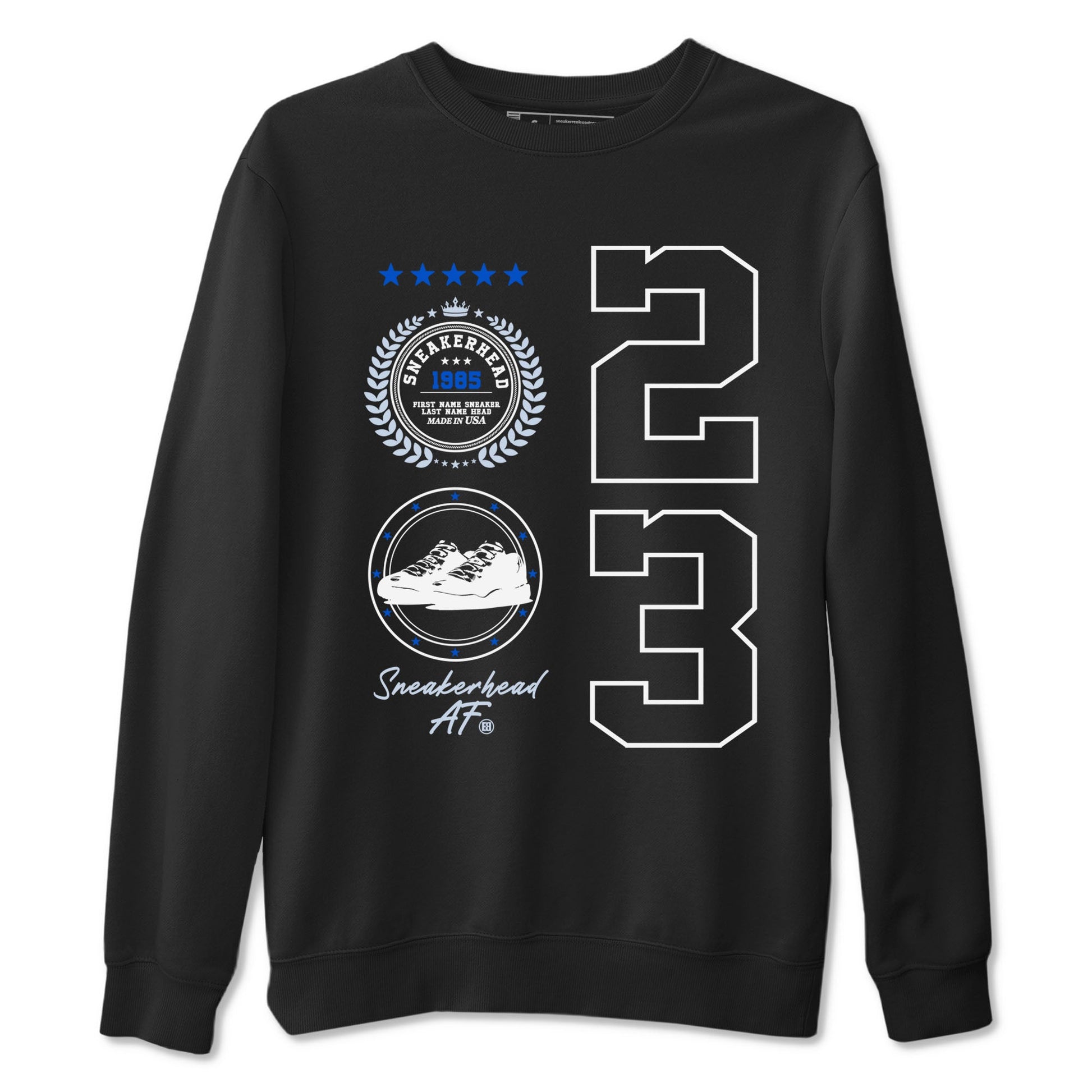 11s Black and Varsity Royal shirt to match jordans Sneaker Emblem sneaker tees Air Jordan 11 Black/Varsity Royal SNRT Sneaker Release Tees unisex cotton Black 2 crew neck shirt