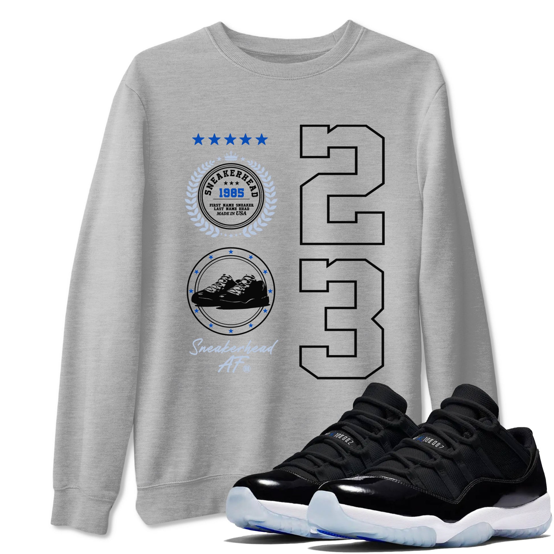 11s Black and Varsity Royal shirt to match jordans Sneaker Emblem sneaker tees Air Jordan 11 Black/Varsity Royal SNRT Sneaker Release Tees unisex cotton Heather Grey 1 crew neck shirt