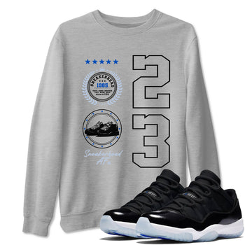 11s Black and Varsity Royal shirt to match jordans Sneaker Emblem sneaker tees Air Jordan 11 Black/Varsity Royal SNRT Sneaker Release Tees unisex cotton Heather Grey 1 crew neck shirt