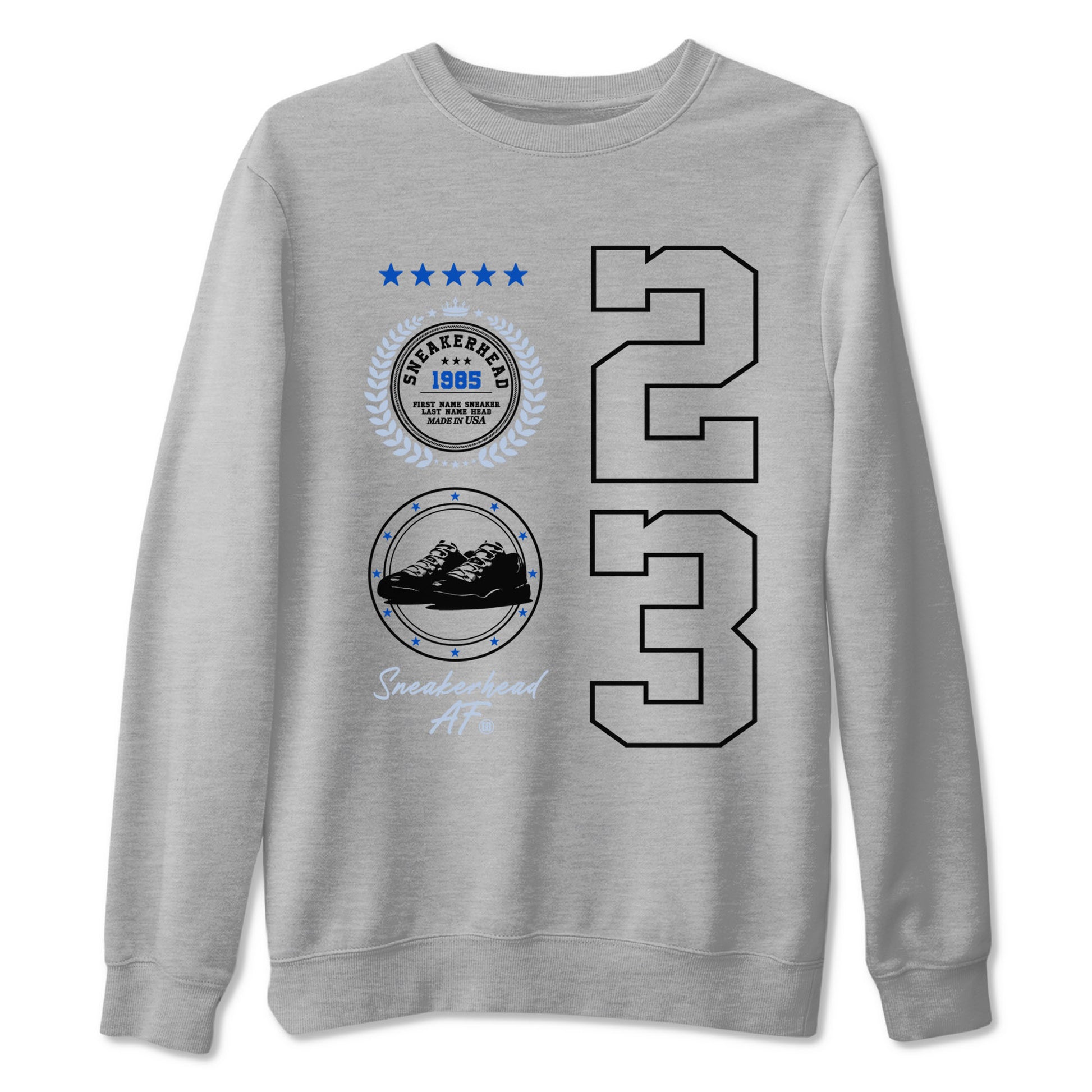 11s Black and Varsity Royal shirt to match jordans Sneaker Emblem sneaker tees Air Jordan 11 Black/Varsity Royal SNRT Sneaker Release Tees unisex cotton Heather Grey 2 crew neck shirt
