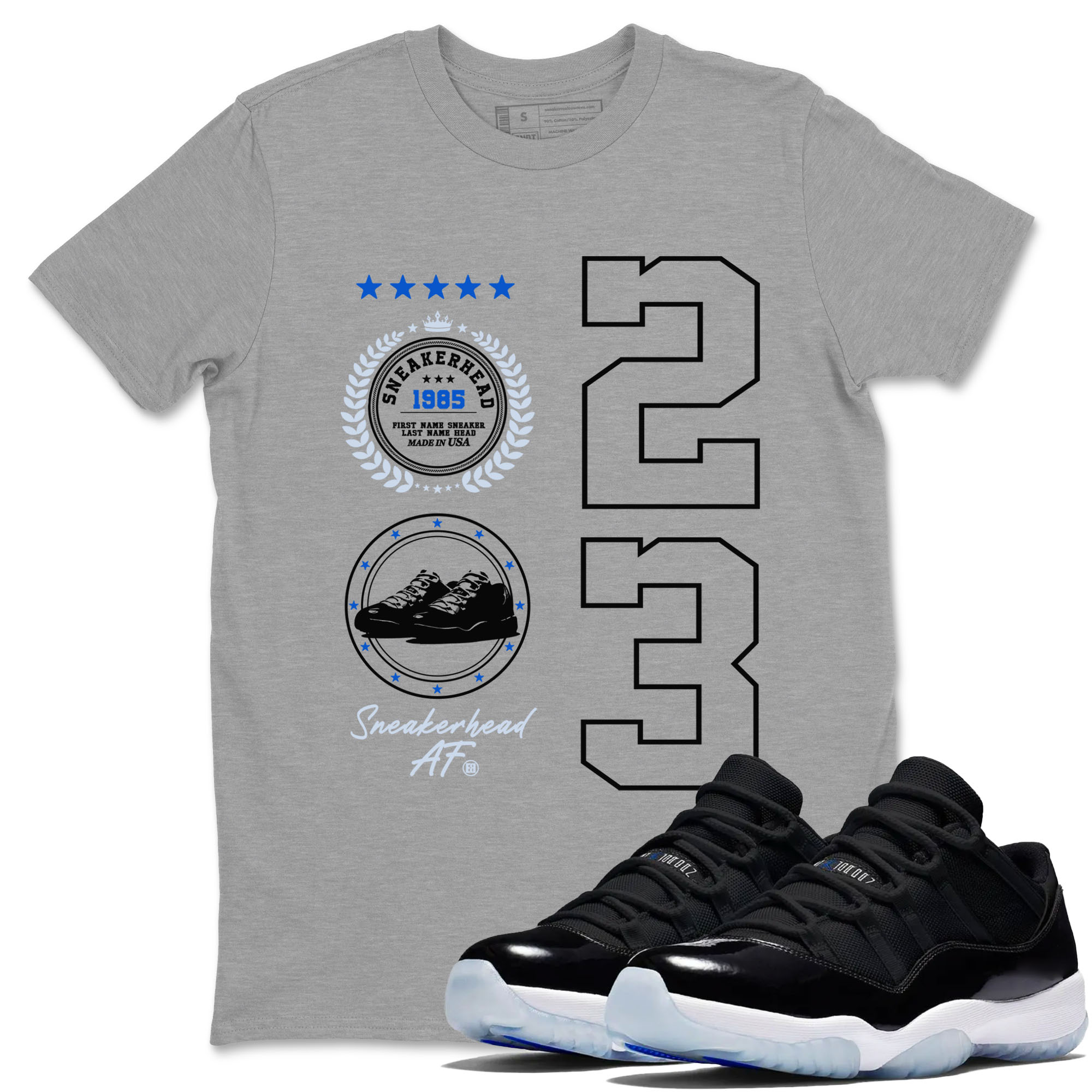 11s Black and Varsity Royal shirt to match jordans Sneaker Emblem sneaker tees Air Jordan 11 Black/Varsity Royal SNRT Sneaker Release Tees unisex cotton Heather Grey 1 crew neck shirt