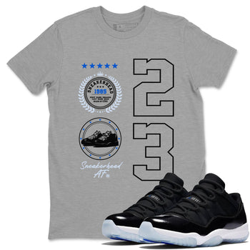 11s Black and Varsity Royal shirt to match jordans Sneaker Emblem sneaker tees Air Jordan 11 Black/Varsity Royal SNRT Sneaker Release Tees unisex cotton Heather Grey 1 crew neck shirt