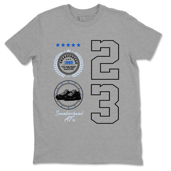 11s Black and Varsity Royal shirt to match jordans Sneaker Emblem sneaker tees Air Jordan 11 Black/Varsity Royal SNRT Sneaker Release Tees unisex cotton Heather Grey 2 crew neck shirt