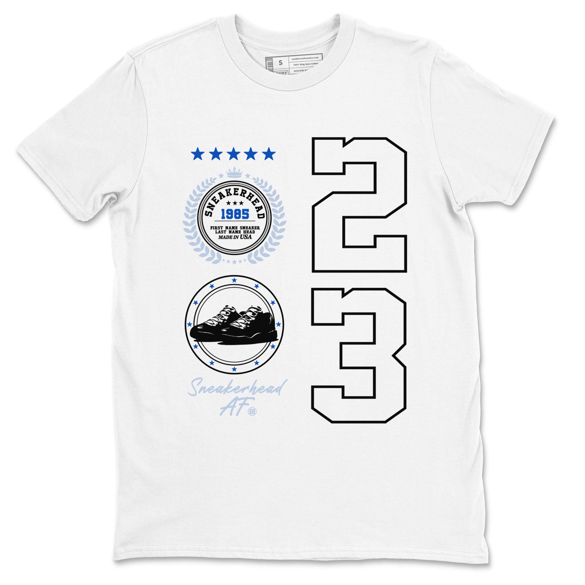 11s Black and Varsity Royal shirt to match jordans Sneaker Emblem sneaker tees Air Jordan 11 Black/Varsity Royal SNRT Sneaker Release Tees unisex cotton White 2 crew neck shirt