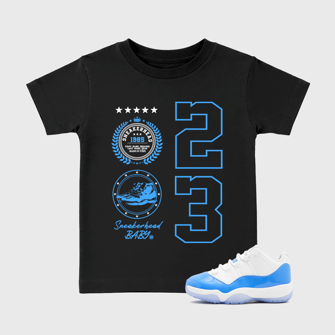 Sneaker match tees – Sneaker Tees To Match Air Jordan 11 University Blue Shoes – Sneaker Emblem Kids T-Shirt Black 1