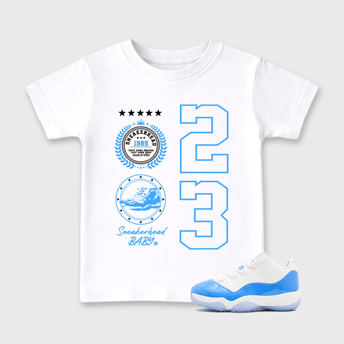 Sneaker match tees – Sneaker Tees To Match Air Jordan 11 University Blue Shoes – Sneaker Emblem Kids T-Shirt White 1