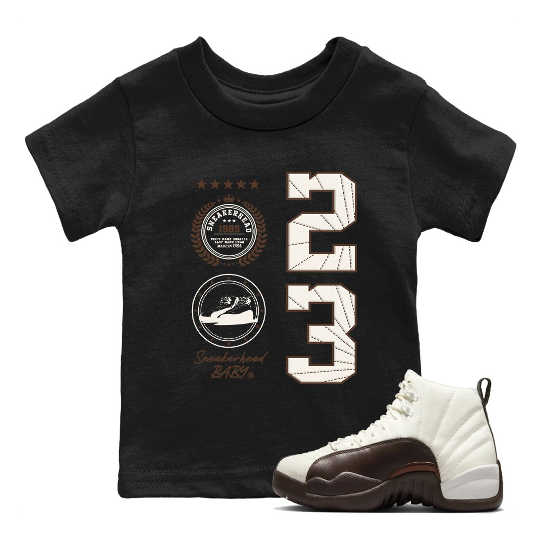 AJ12 Baroque Brown shirts to match jordans Sneaker Emblem best t shirts to wear with jordans SoleFly x Jordan 12 Baroque Brown match shoes to clothes SNRT Sneaker Tees Youth Baby Black 1 tee