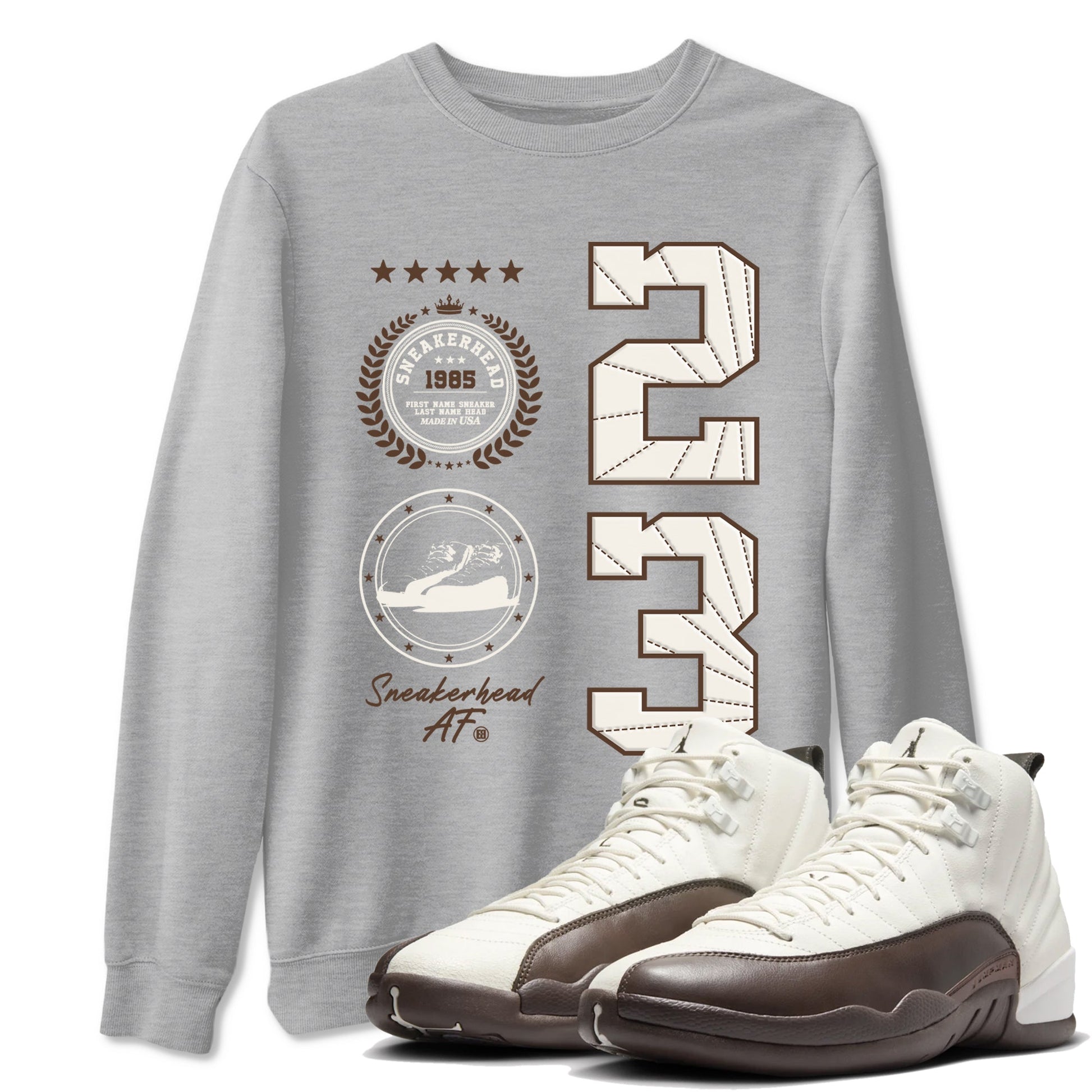 AJ12 Baroque Brown shirts to match jordans Sneaker Emblem best t shirts to wear with jordans SoleFly x Jordan 12 Baroque Brown match shoes to clothes SNRT Sneaker Tees unisex cotton Heather Grey 1 shirts
