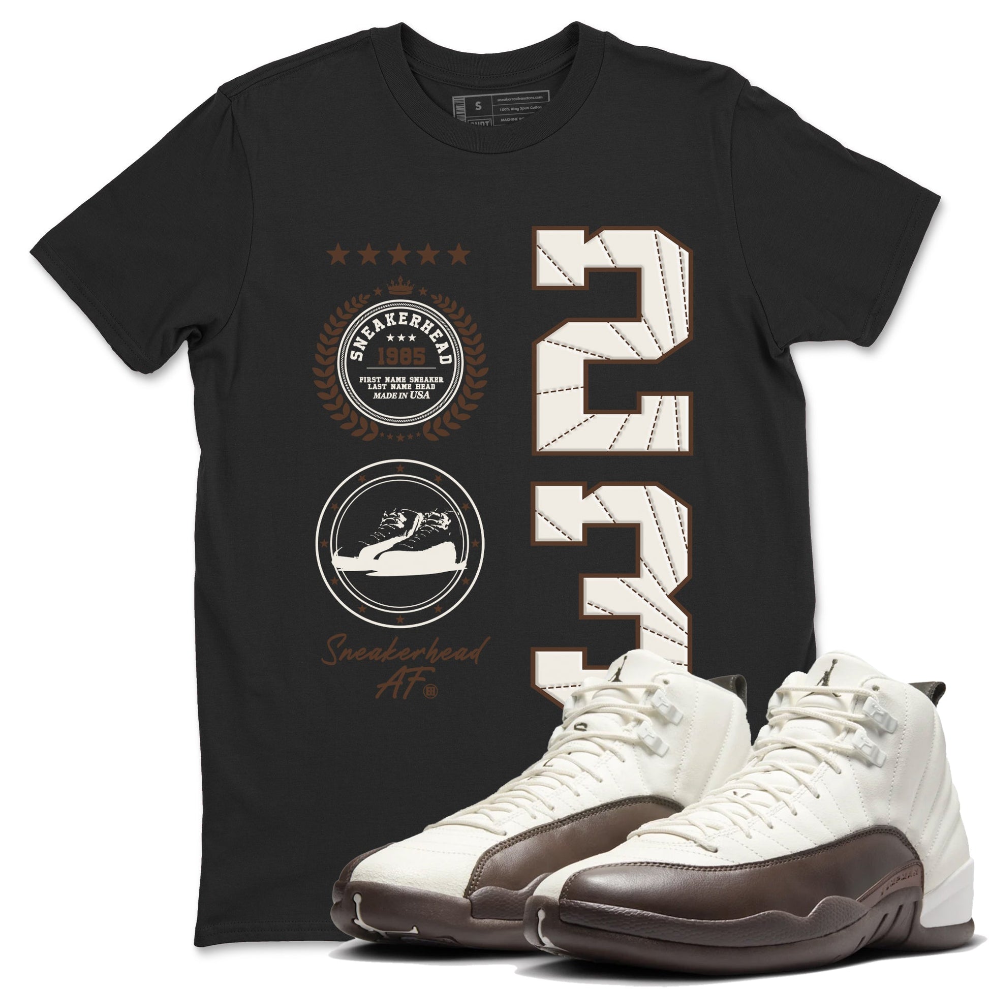 AJ12 Baroque Brown shirts to match jordans Sneaker Emblem best t shirts to wear with jordans SoleFly x Jordan 12 Baroque Brown match shoes to clothes SNRT Sneaker Tees unisex cotton Black 1 shirts