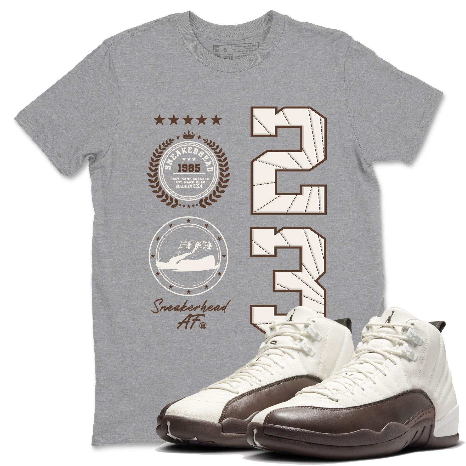 AJ12 Baroque Brown shirts to match jordans Sneaker Emblem best t shirts to wear with jordans SoleFly x Jordan 12 Baroque Brown match shoes to clothes SNRT Sneaker Tees unisex cotton Heather Grey 1 shirts