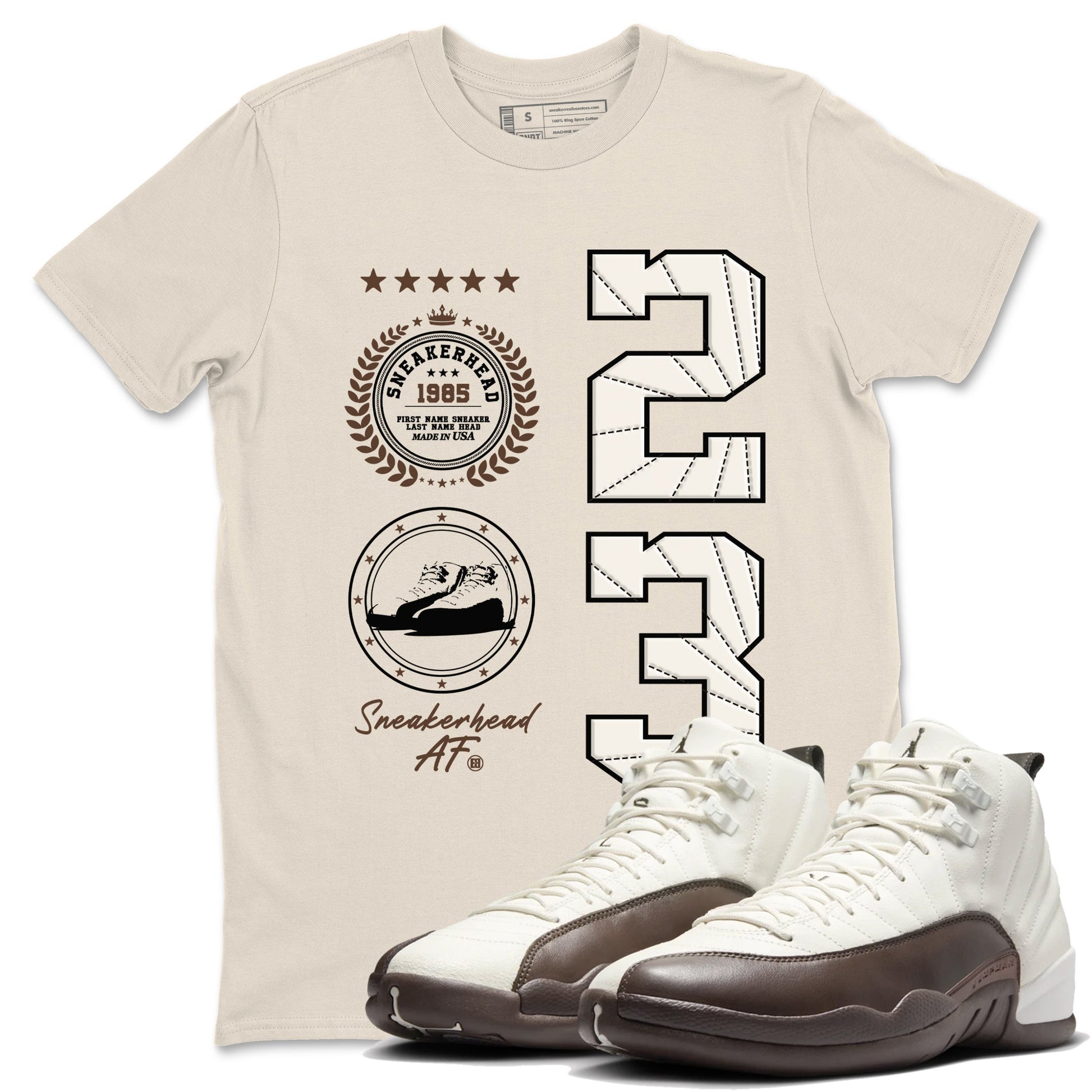 AJ12 Baroque Brown shirts to match jordans Sneaker Emblem best t shirts to wear with jordans SoleFly x Jordan 12 Baroque Brown match shoes to clothes SNRT Sneaker Tees unisex cotton Natural 1 shirts