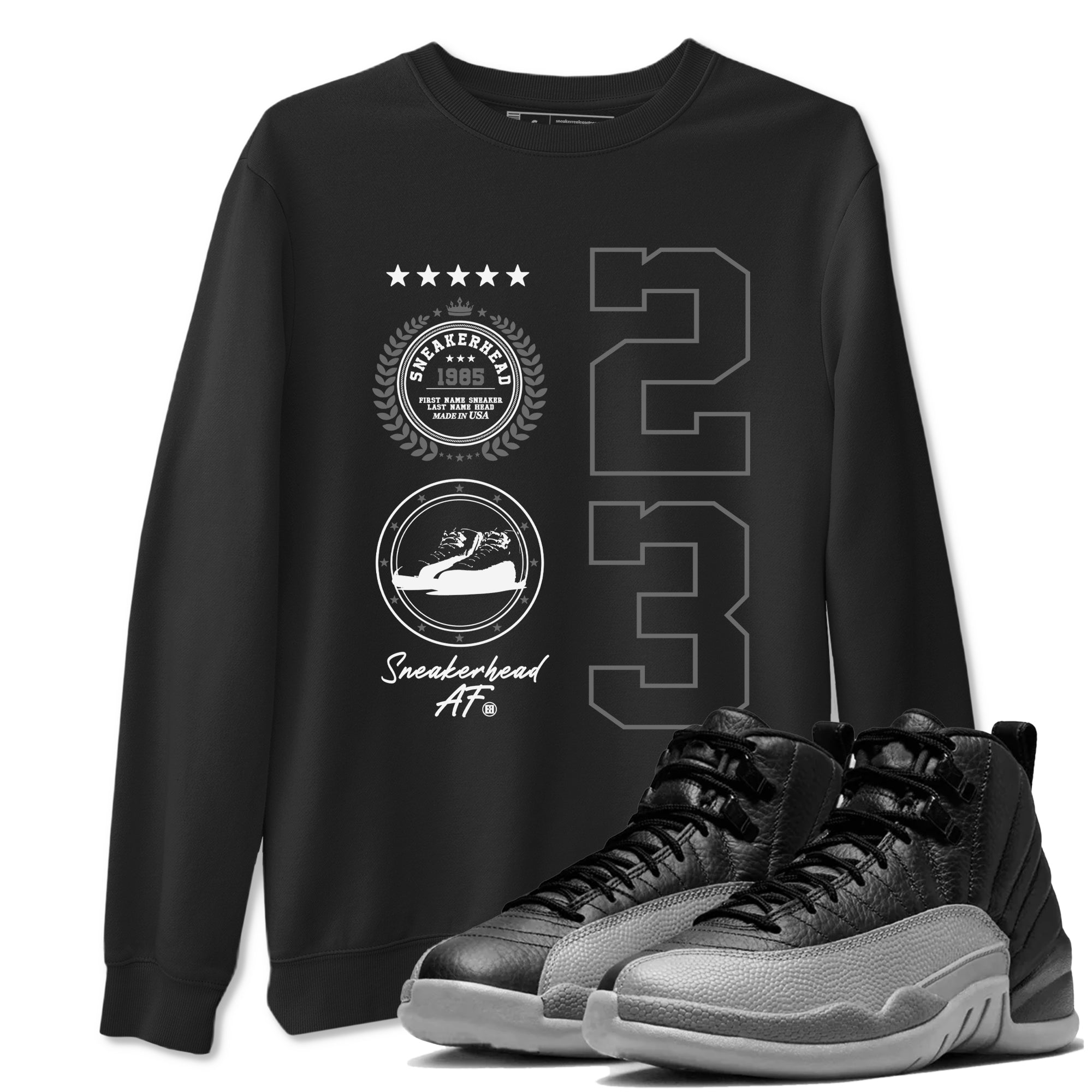 12s Black Wolf Grey shirts to match jordans Sneaker Emblem sneaker match tees Air Jordan 12 Black Wolf Grey SNRT Sneaker Release Tees unisex cotton Black 1 crew neck shirts
