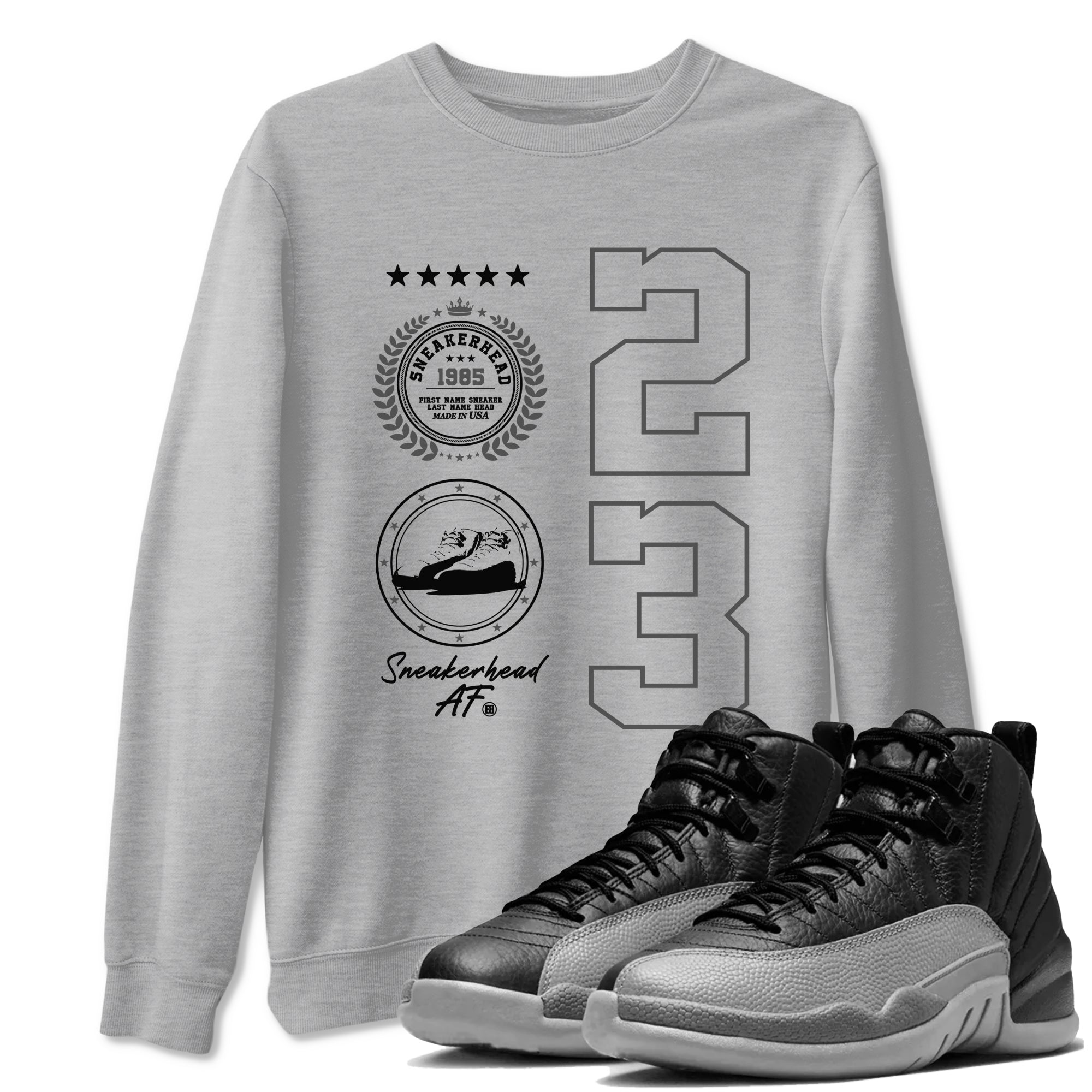12s Black Wolf Grey shirts to match jordans Sneaker Emblem sneaker match tees Air Jordan 12 Black Wolf Grey SNRT Sneaker Release Tees unisex cotton Heather Grey 1 crew neck shirts