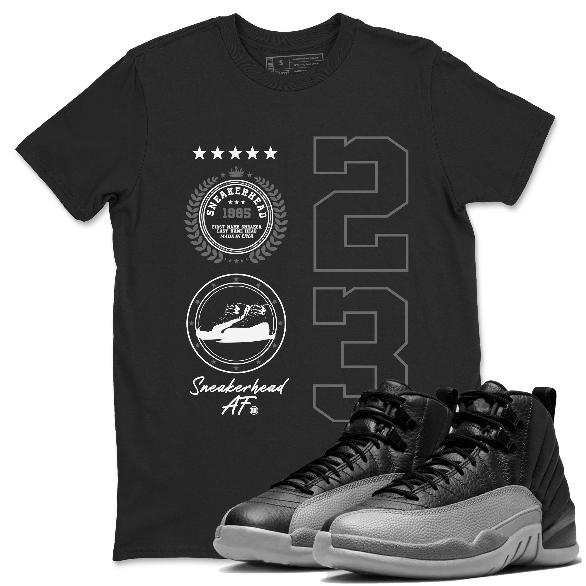 12s Black Wolf Grey shirts to match jordans Sneaker Emblem sneaker match tees Air Jordan 12 Black Wolf Grey SNRT Sneaker Release Tees unisex cotton Black 1 crew neck shirts