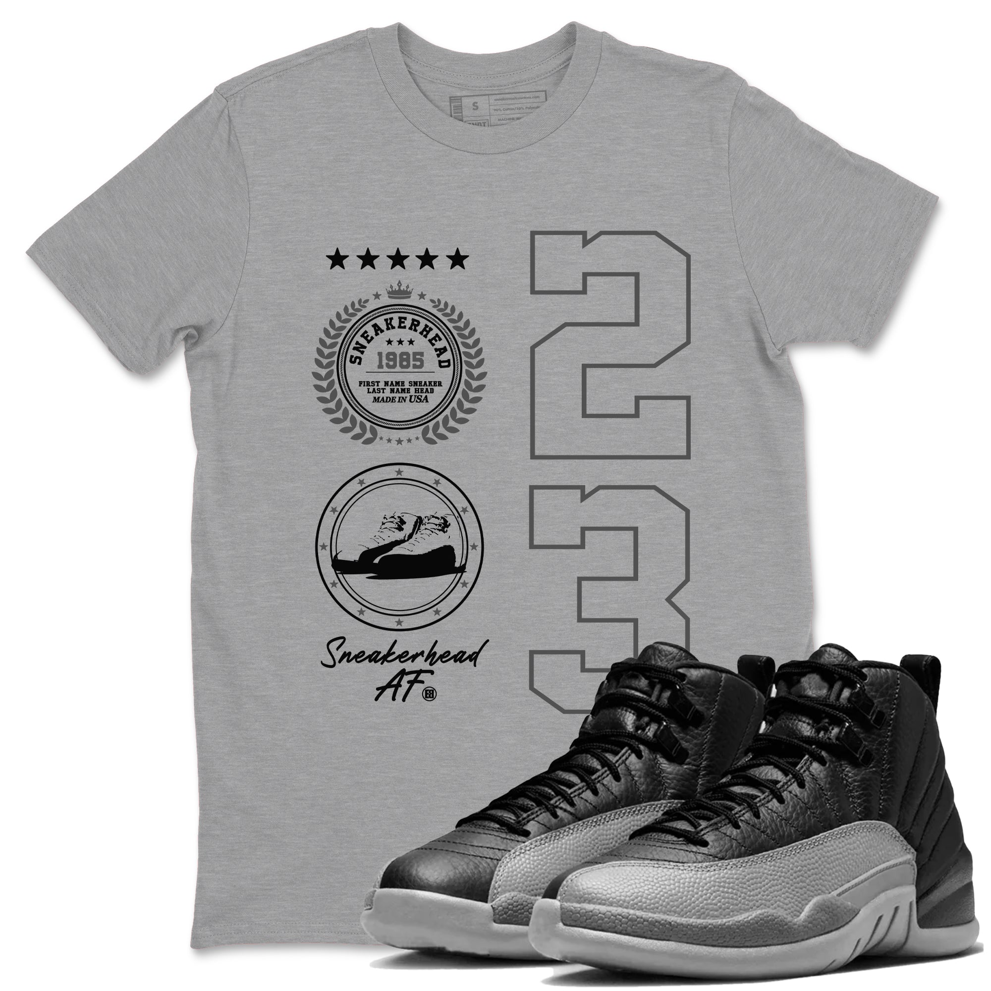 12s Black Wolf Grey shirts to match jordans Sneaker Emblem sneaker match tees Air Jordan 12 Black Wolf Grey SNRT Sneaker Release Tees unisex cotton Heather Grey 1 crew neck shirts