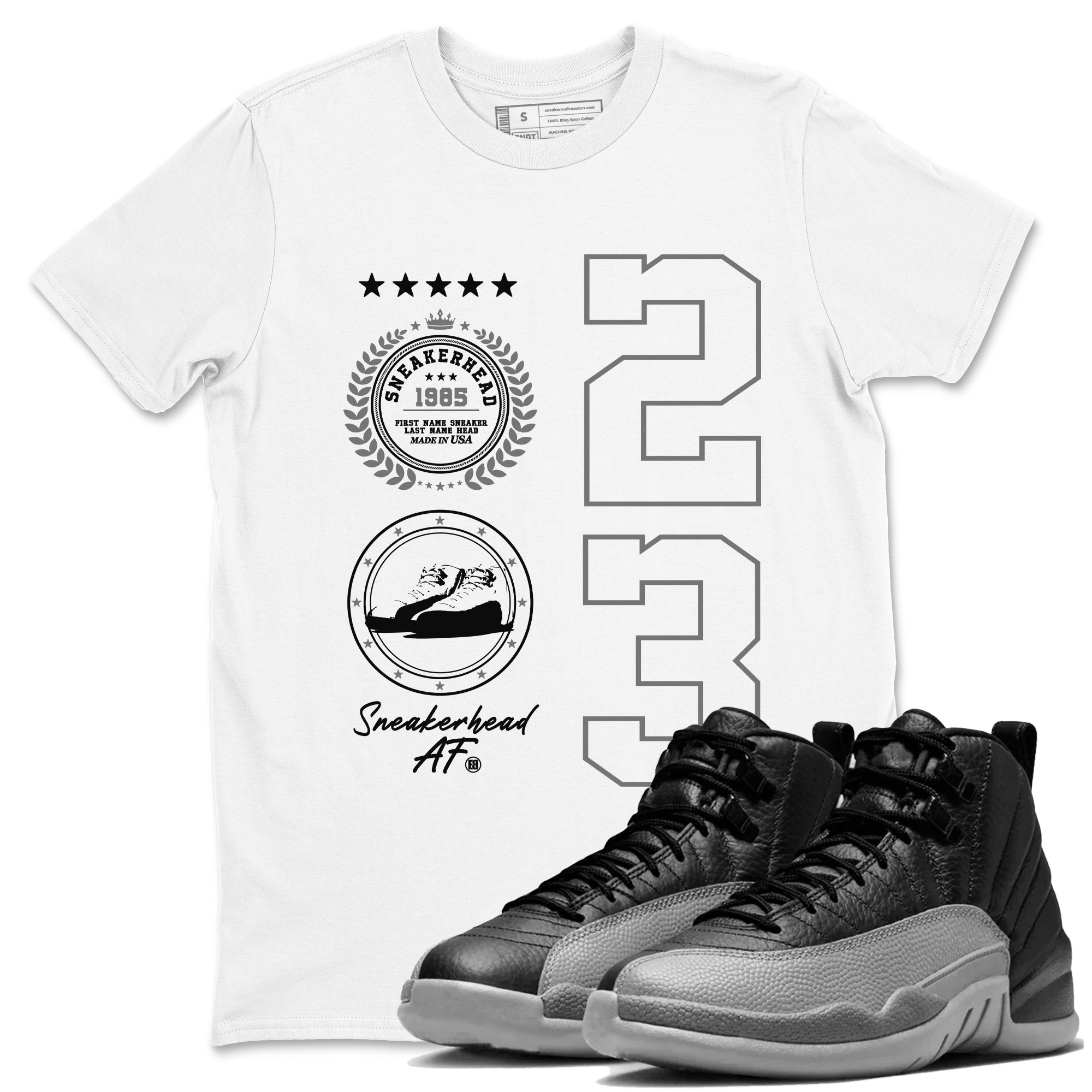 12s Black Wolf Grey shirts to match jordans Sneaker Emblem sneaker match tees Air Jordan 12 Black Wolf Grey SNRT Sneaker Release Tees unisex cotton White 1 crew neck shirts