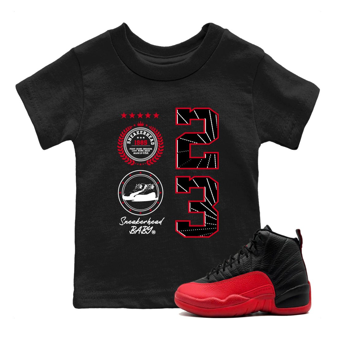 12s Flu Game shirts to match jordans Sneaker Emblem best t shirts to wear with jordans AJ12 Retro Flu Game match shoes to clothes SNRT Sneaker Tees Youth Baby Black 1 tee