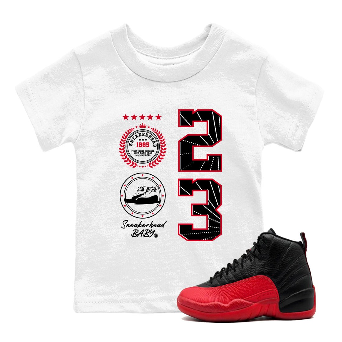 12s Flu Game shirts to match jordans Sneaker Emblem best t shirts to wear with jordans AJ12 Retro Flu Game match shoes to clothes SNRT Sneaker Tees Youth Baby White 1 tee