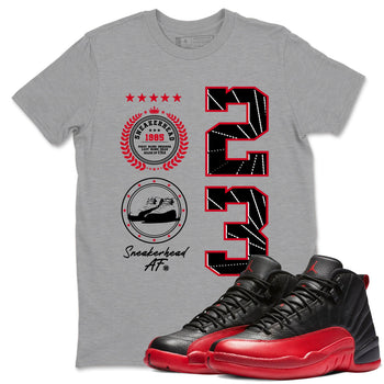 12s Flu Game shirts to match jordans Sneaker Emblem best t shirts to wear with jordans AJ12 Retro Flu Game match shoes to clothes SNRT Sneaker Tees unisex cotton Heather Grey 1 shirts