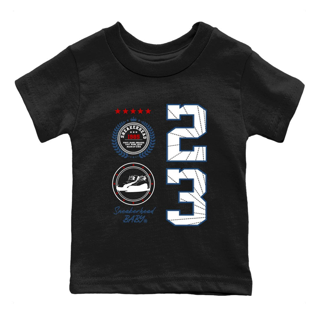 Sneaker Emblem baby and kids t-shirt crafted for little sneakerheads to shine with the Air Jordan 12 French Blue sneakers, displayed in Black 1.