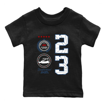 Sneaker Emblem baby and kids t-shirt crafted for little sneakerheads to shine with the Air Jordan 12 French Blue sneakers, displayed in Black 2.