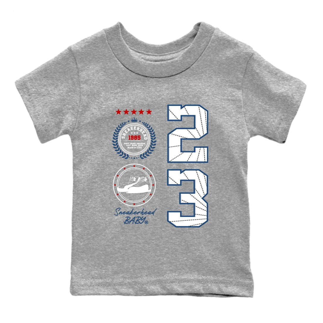 Sneaker Emblem baby and kids t-shirt crafted for little sneakerheads to shine with the Air Jordan 12 French Blue sneakers, displayed in Heather Grey 2.