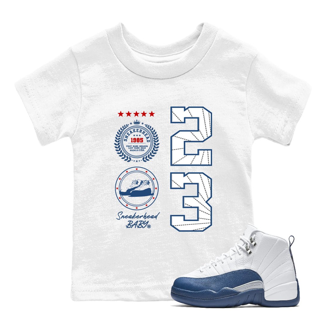 Sneaker Emblem baby and kids t-shirt crafted for little sneakerheads to shine with the Air Jordan 12 French Blue sneakers, displayed in White 1.