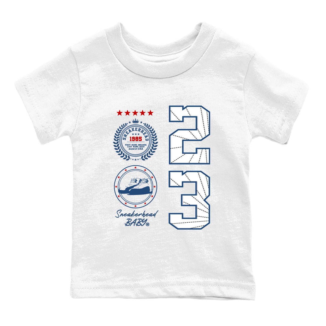 Sneaker Emblem baby and kids t-shirt crafted for little sneakerheads to shine with the Air Jordan 12 French Blue sneakers, displayed in White 2.