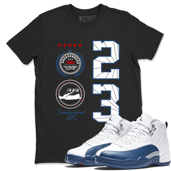 Sneaker Emblem sneaker match t-shirt styled to complete your fit with the Air Jordan 12 French Blue sneakers, graphic shirts in Black 1.