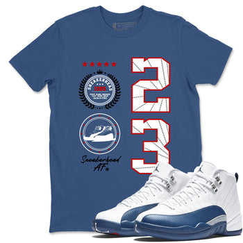 Sneaker Emblem sneaker match t-shirt styled to complete your fit with the Air Jordan 12 French Blue sneakers, graphic shirts in Denim Blue 1.