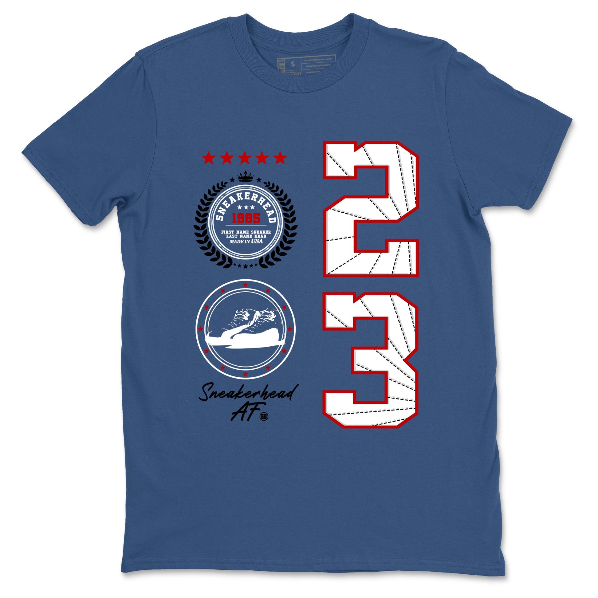 Sneaker Emblem sneaker match t-shirt styled to complete your fit with the Air Jordan 12 French Blue sneakers, graphic shirts in Denim Blue 2.