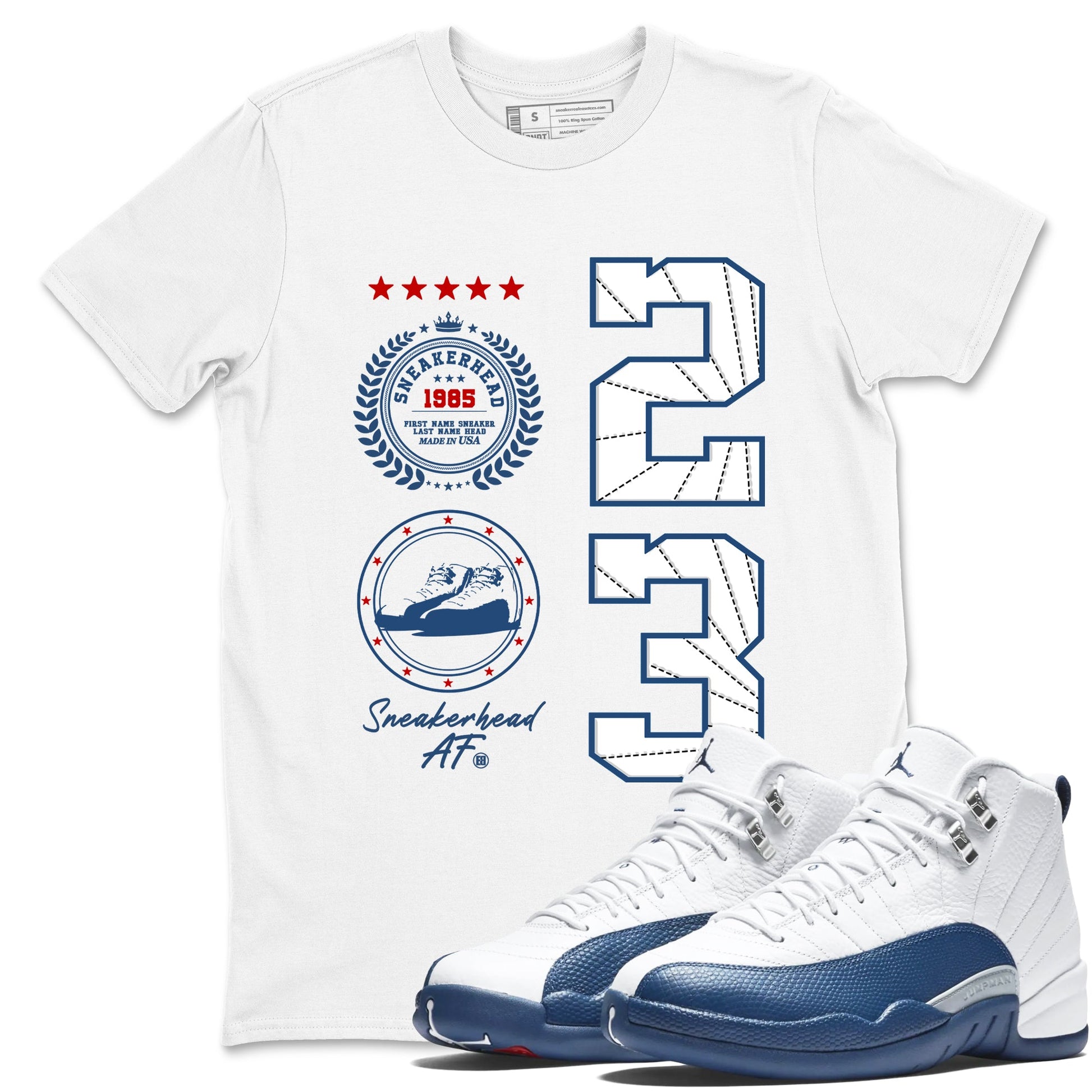 Sneaker Emblem sneaker match t-shirt styled to complete your fit with the Air Jordan 12 French Blue sneakers, graphic shirts in White 1.